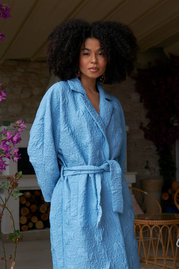 Quilted Longline Coat with Belt in Blue