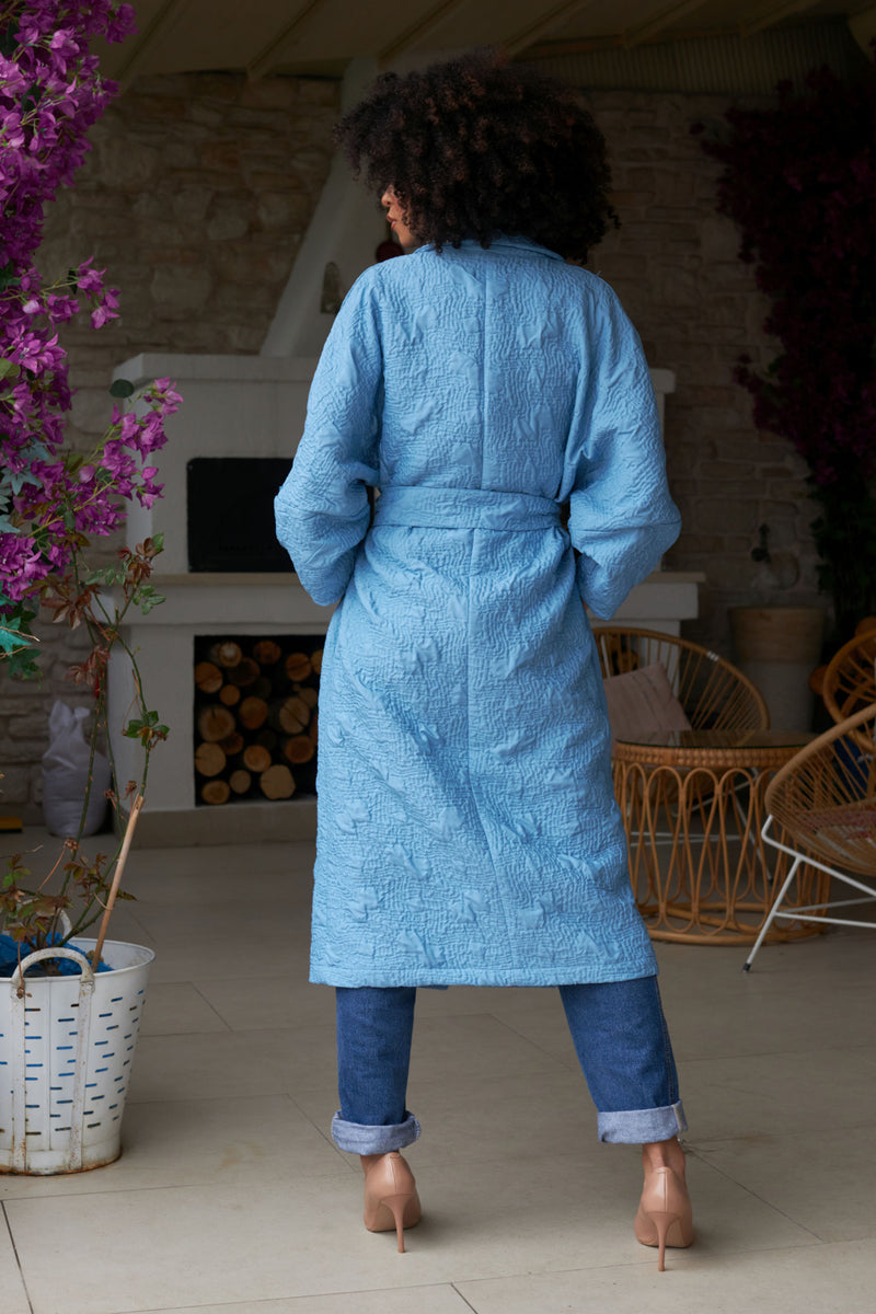 Quilted Longline Coat with Belt in Blue
