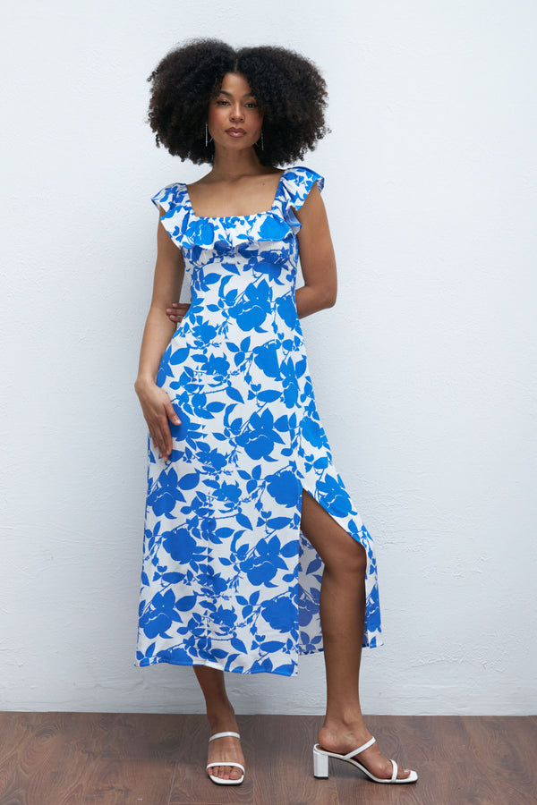 Women's Frill Neck Midi Dress, White Blue Floral Dress