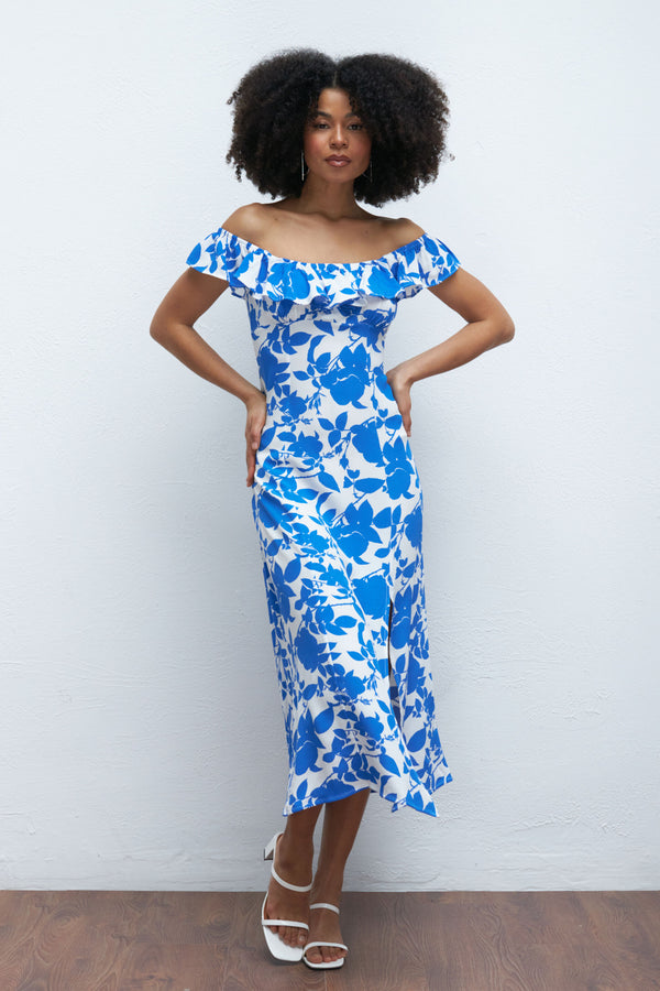 Women's Frill Neck Midi Dress, White Blue Floral Dress