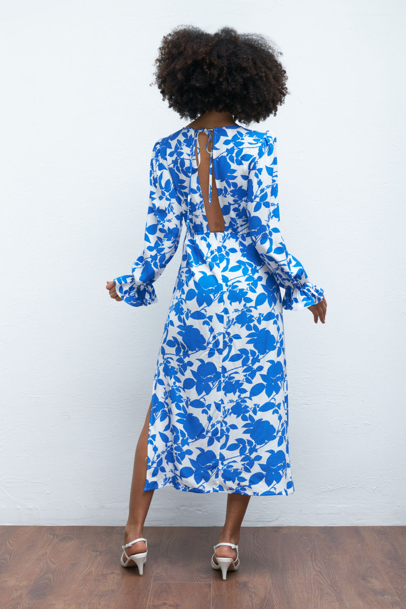V Neck Long Sleeve Midi Dress, Blue Floral Long Sleeve Dress