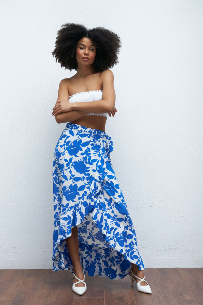 Midi Wrap Skirt, Blue Floral Wrap Skirt for Women