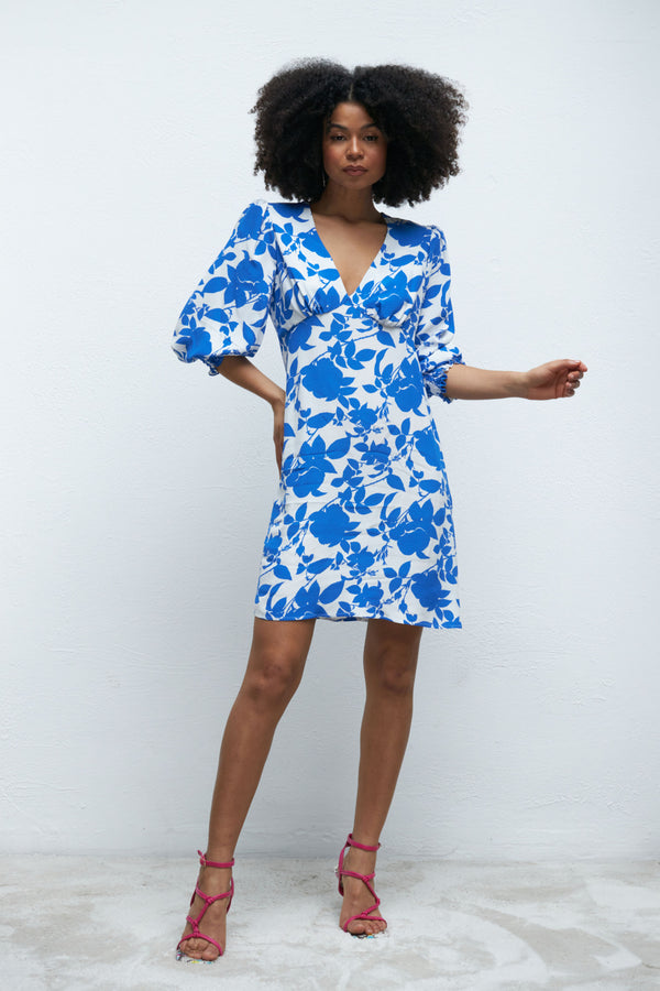 V Neck Mini Dress in White Blue Floral