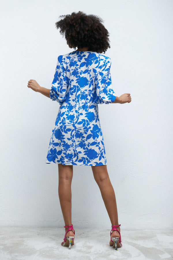 V Neck Mini Dress in White Blue Floral