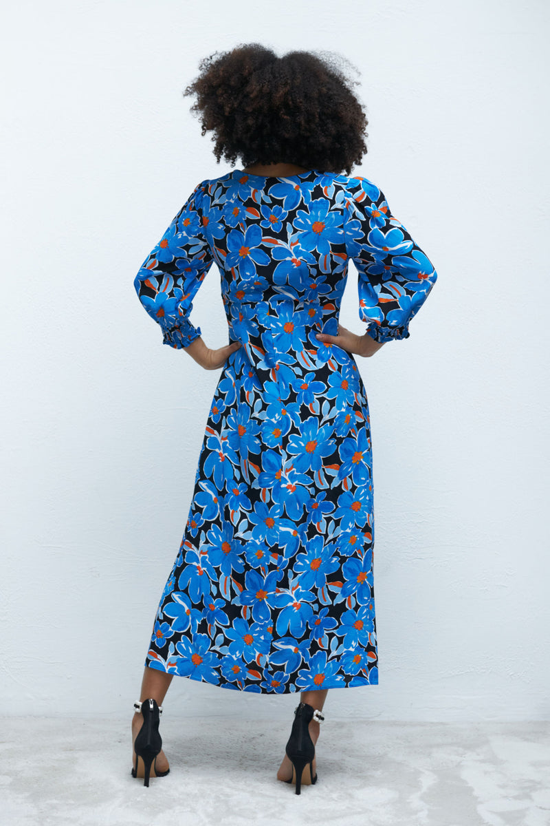 V Neck Midi Dress in Blue Floral for Women