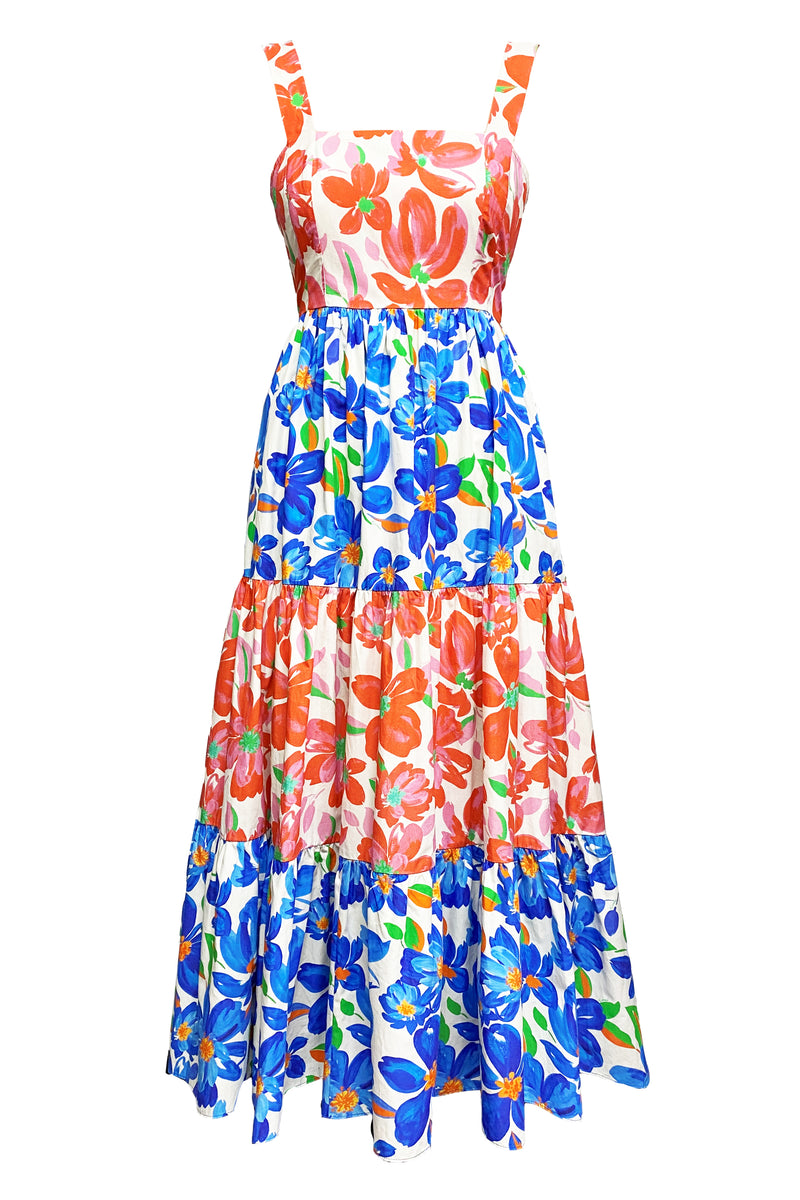 Organic Cotton Maxi Dress, Blue & Pink Floral Summer & Wedding Maxi Dress
