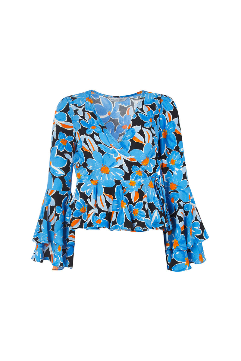 The Eliza Long Flare Sleeve Wrap Top in Blue Black Floral