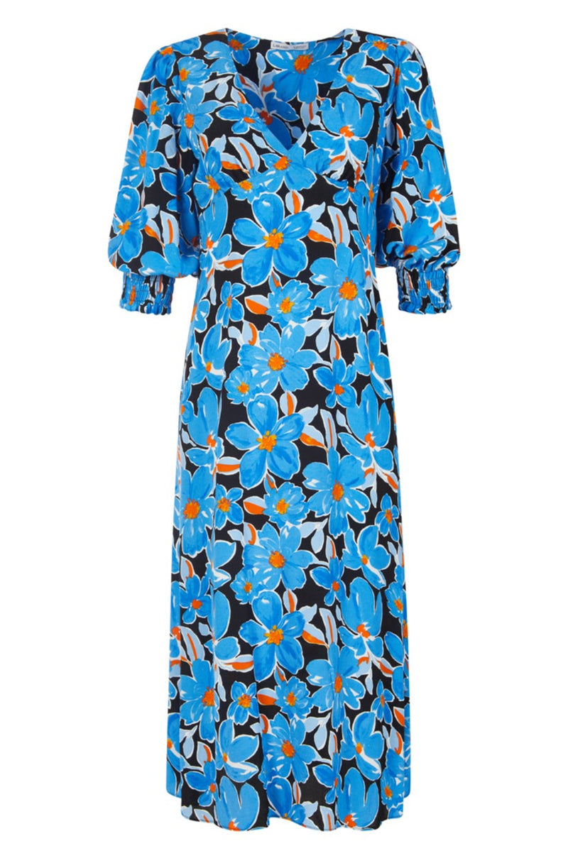 V Neck Midi Dress in Blue Floral for Women