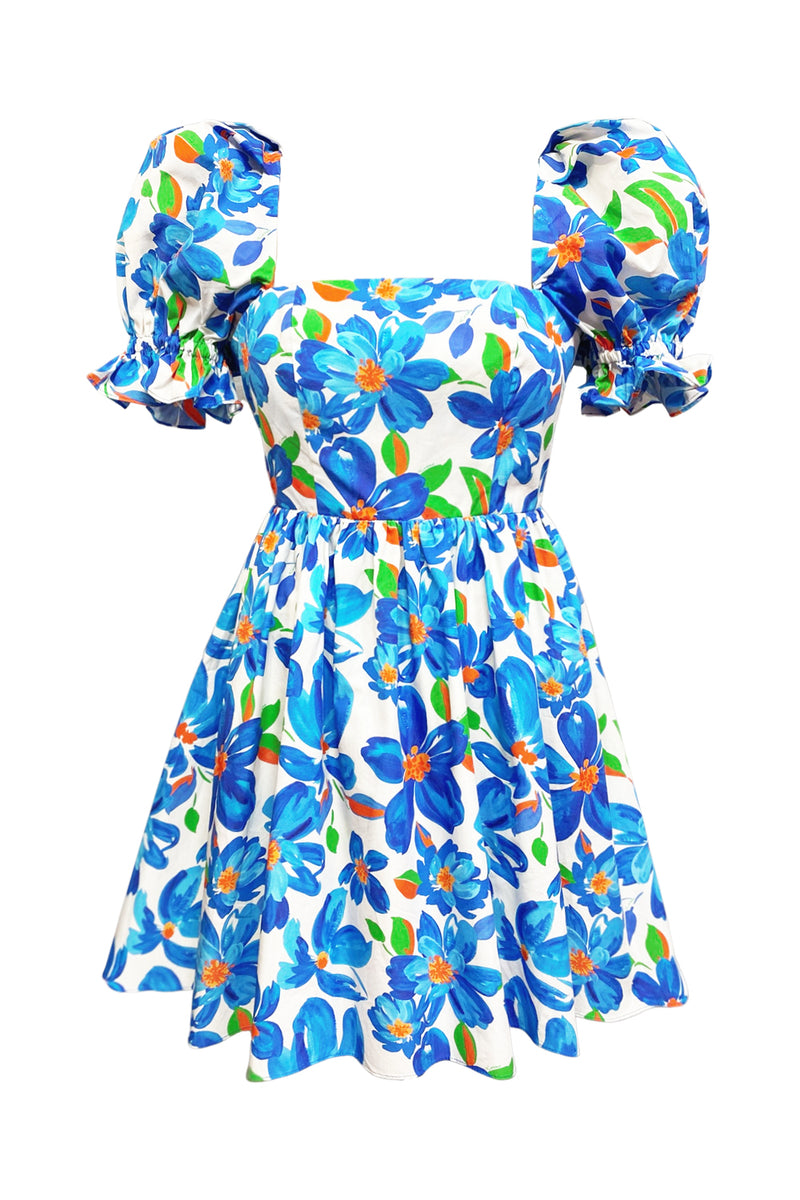 Cotton Mini Dress, Blue Painted Floral Dress for Women