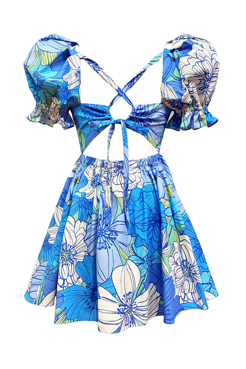 Cotton Summer Mini Dress, Blue Floral Mini Dress for Women