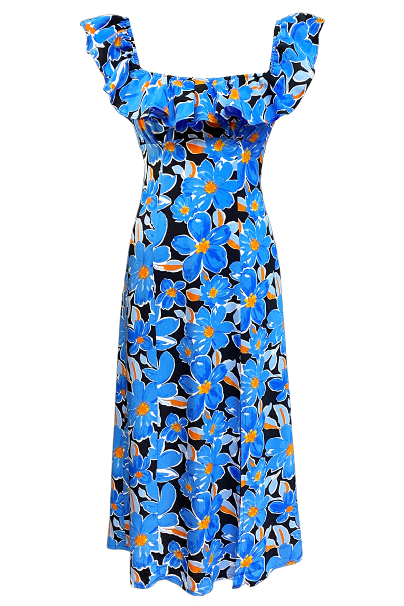 Frill Neck Midi Dress for Women, Blue Black Floral Midi Dress