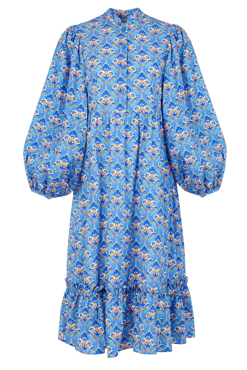 Organic Cotton Midi Shirt Dress in Blue Lotus Floral
