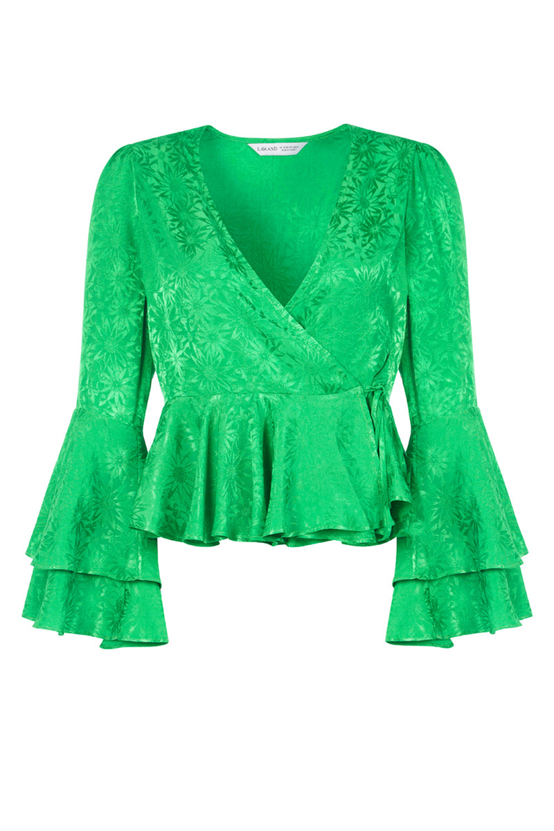 Green Floral Satin Long Sleeve Wrap Top | Eliza – Lavaand