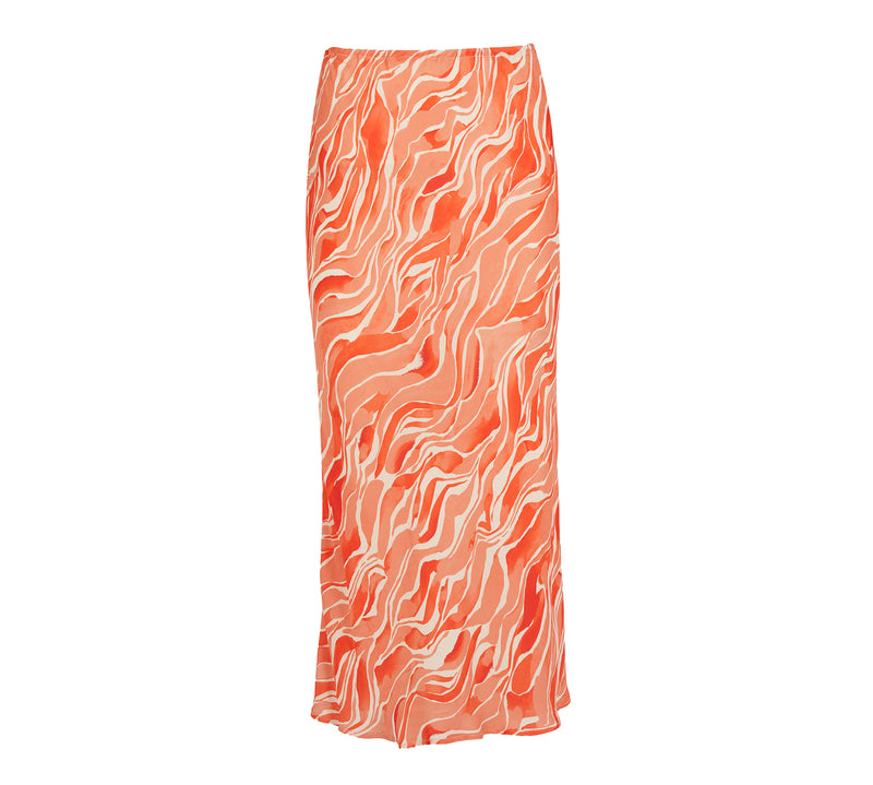 The Ruby Bias Cut Midi Skirt in Orange Waves