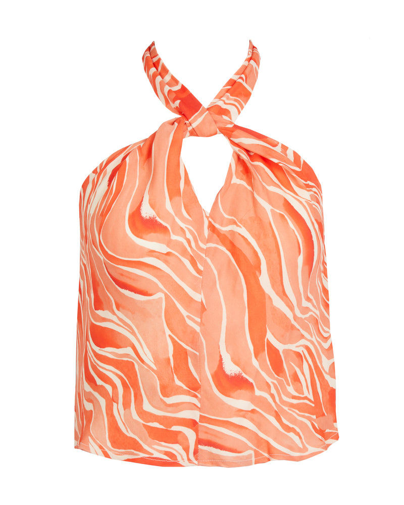 Halter Scarf Tie Top in Orange Waves