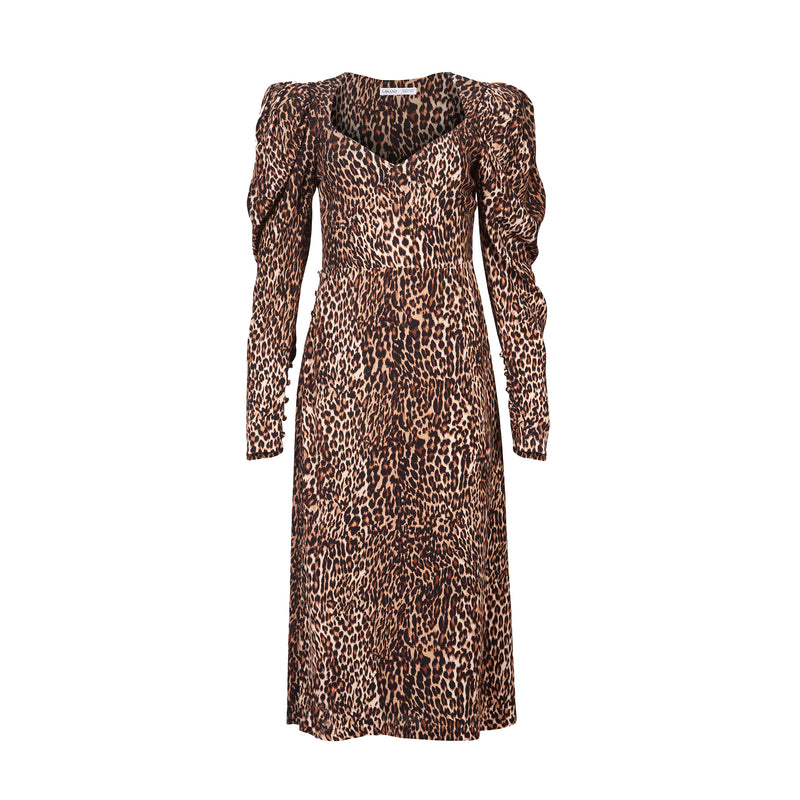 Puff Sleeve Midi Dress in Leopard, Leopard Print Midi Dress
