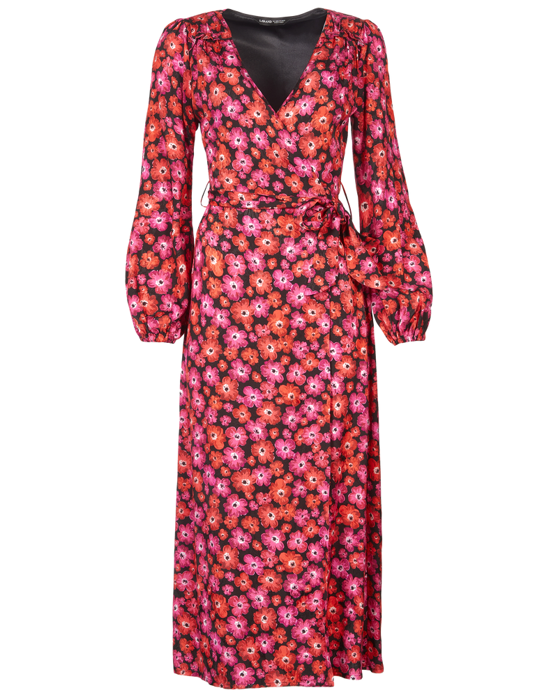 Long Sleeve Satin Wrap Midi Dress in Pink Floral