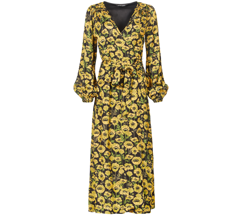 Long Sleeve Satin Wrap Midi Dress in Yellow Poppy