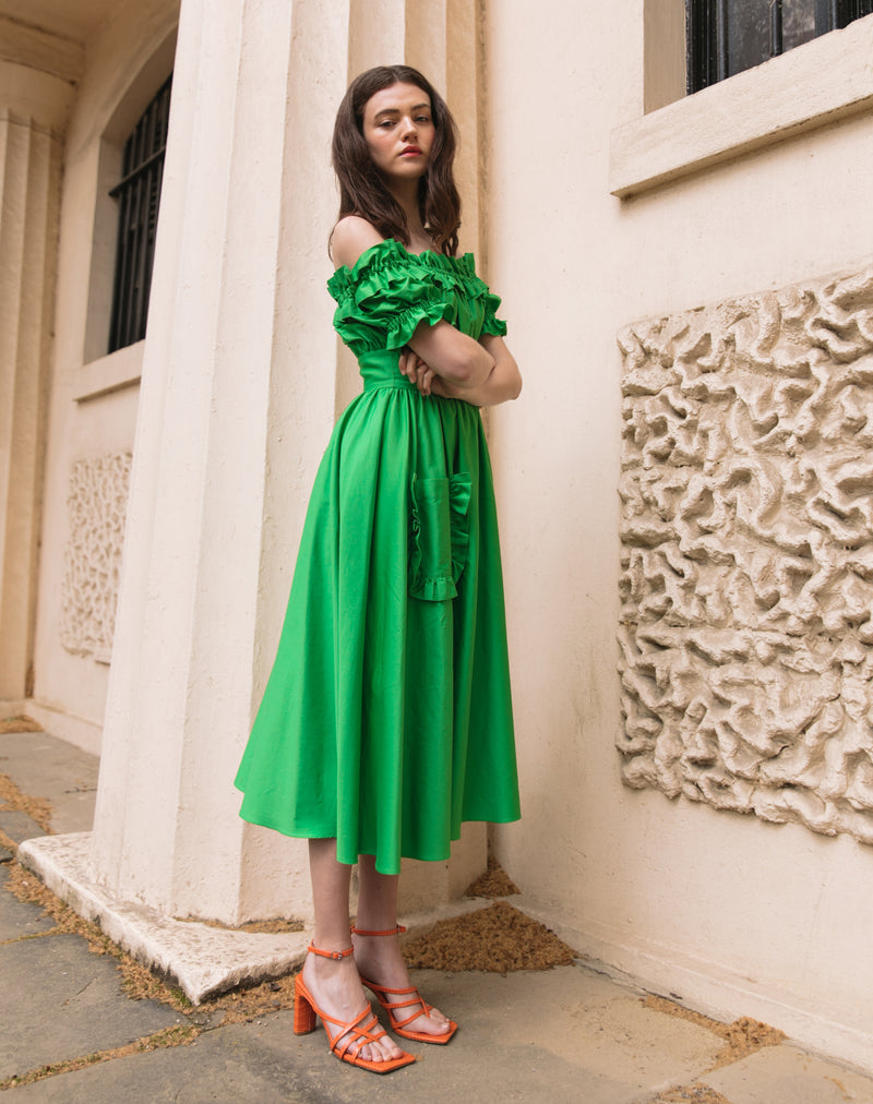 Bardot Ruffle Dress in Island Green