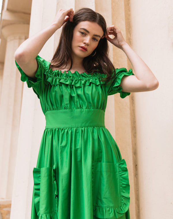 Bardot Ruffle Dress in Island Green
