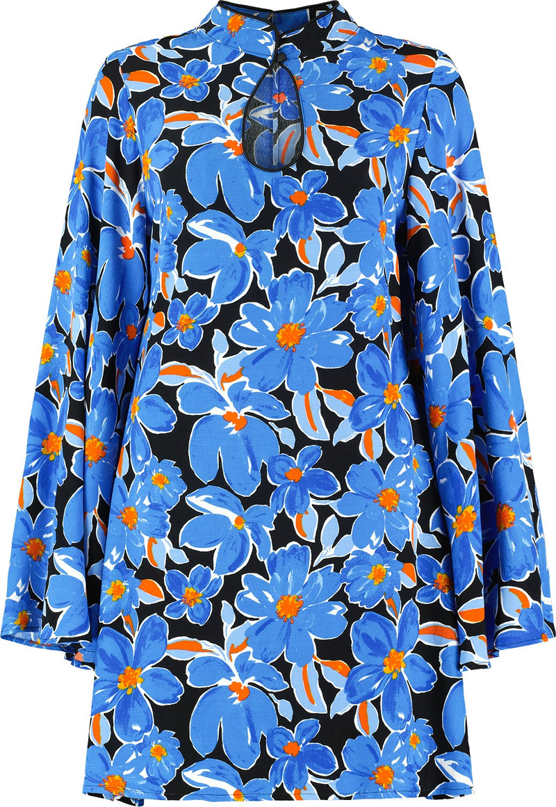 Blue Black Mini Dress for Women, Flare Sleeve Floral Dress