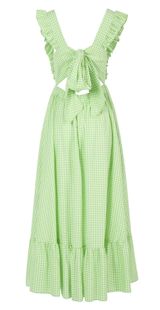 Tie Back Maxi Dress in Green Gingham