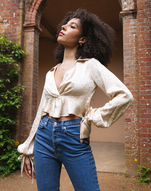 Twist Front Blouse in Ivory Floral Jacquard