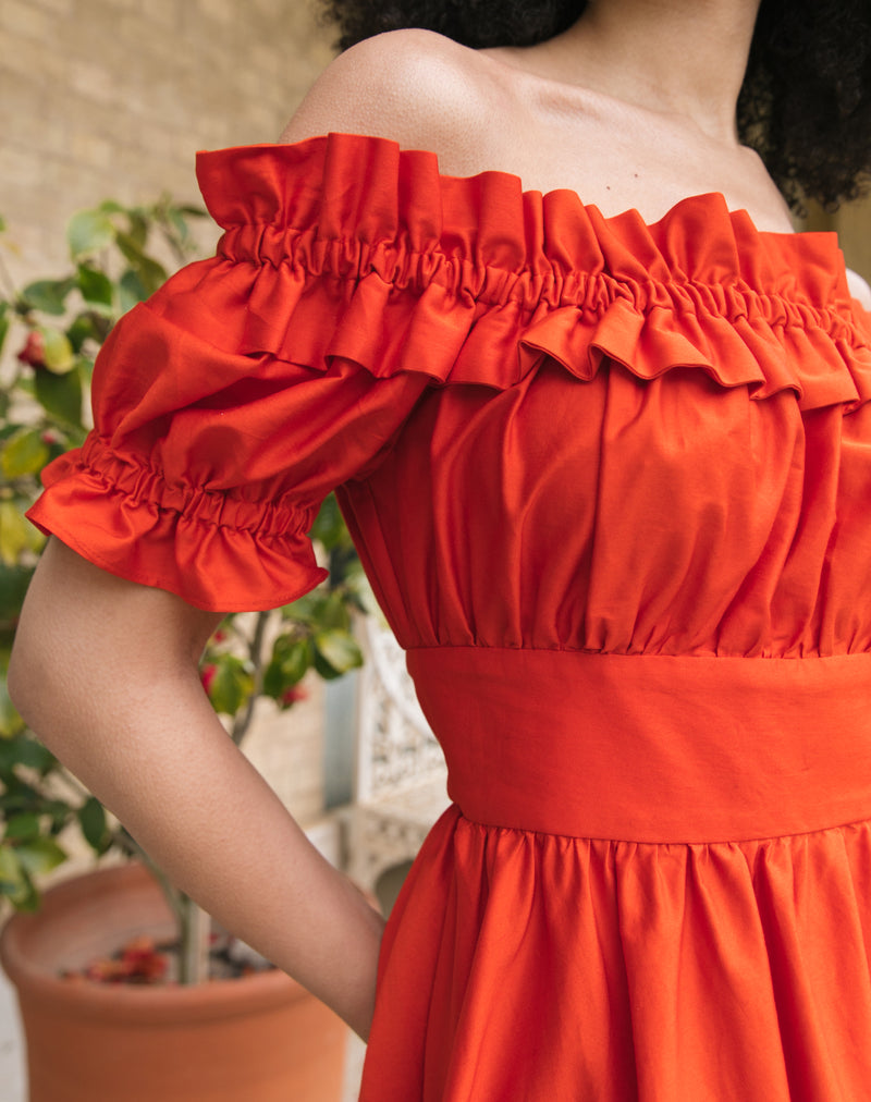 Bardot Ruffle Dress in Sunset Orange