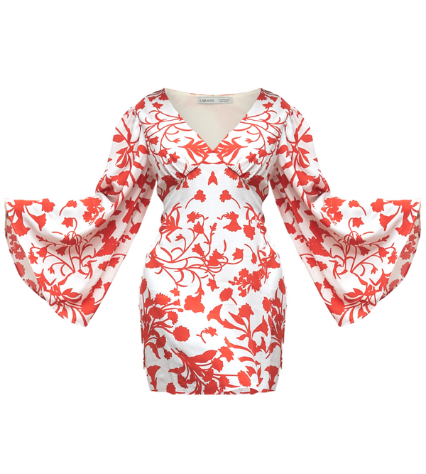 The Florence V Neck Mini Dress Flare Sleeve in White Red Floral