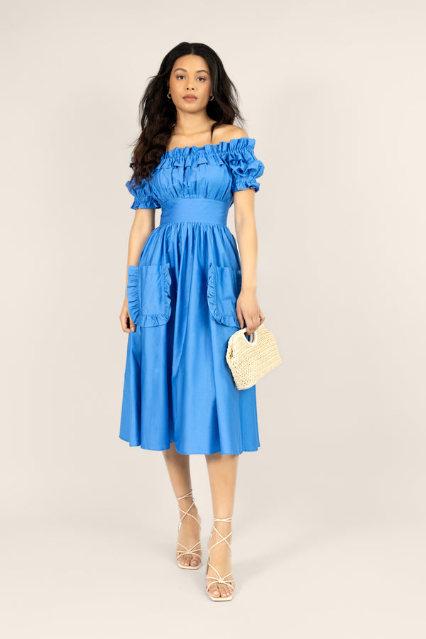Bardot Ruffle Dress in Cornflower Blue