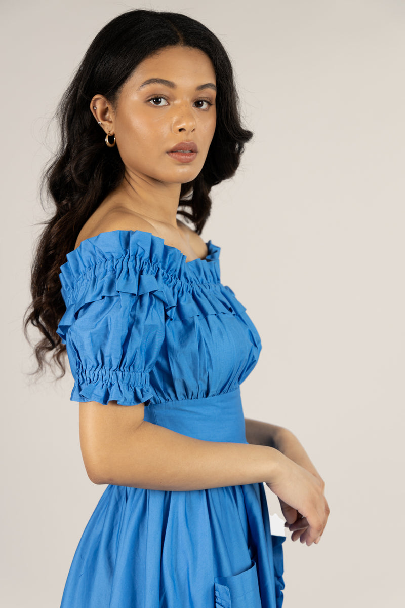 Bardot Ruffle Dress in Cornflower Blue