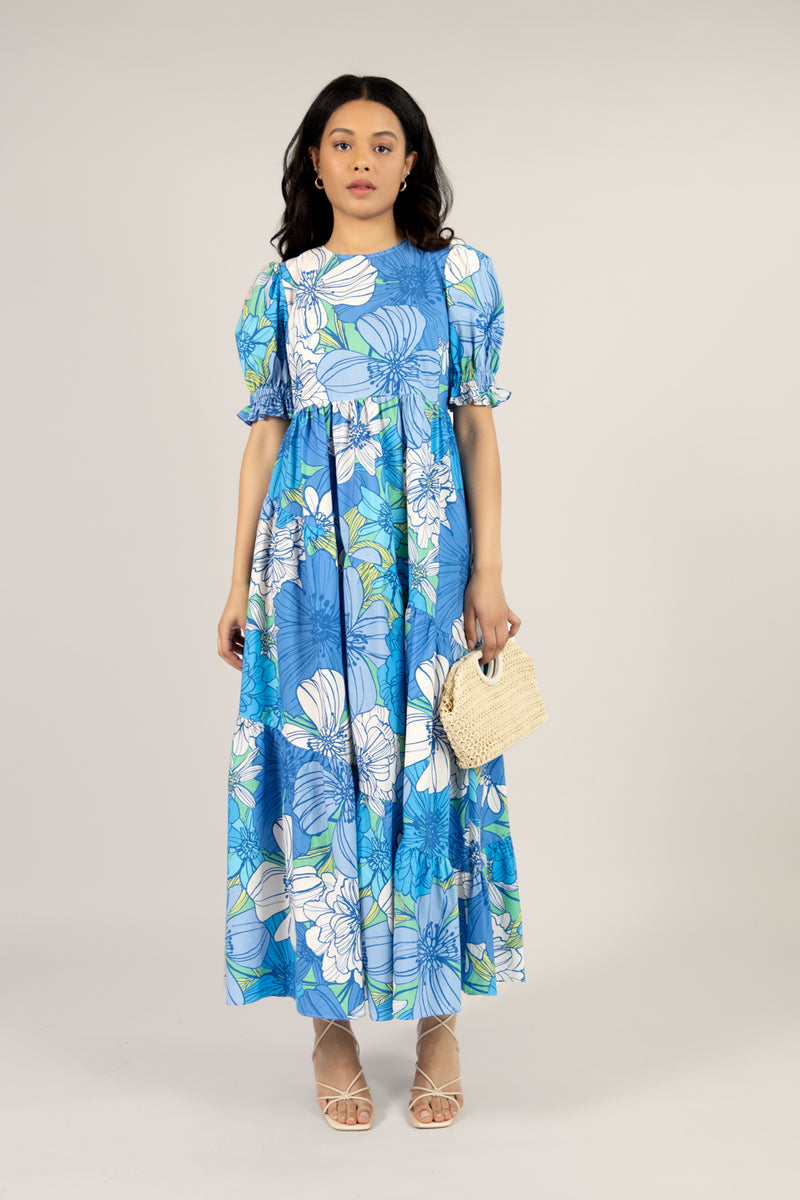 Organic Cotton Maxi Dress in Blue Floral