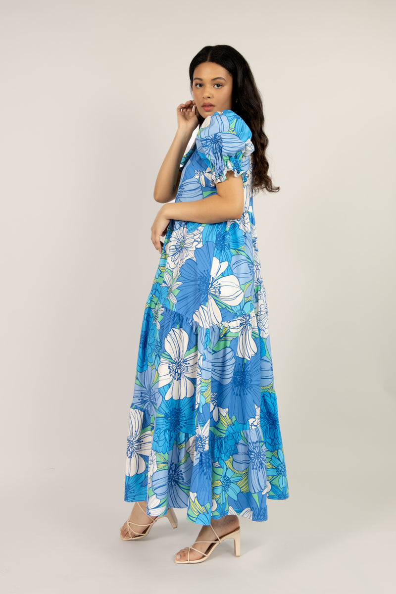 Organic Cotton Maxi Dress in Blue Floral
