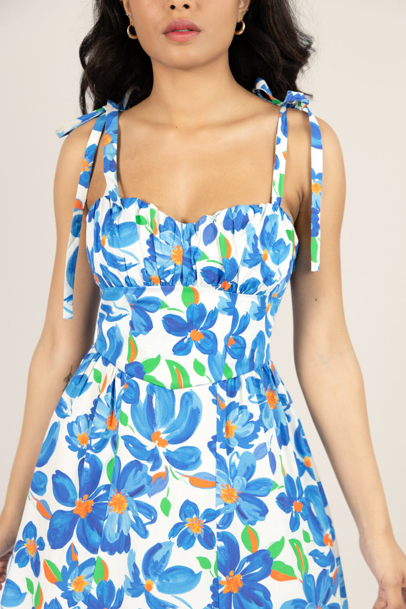 Blue Painted Floral Dress, Cotton Corset Midi Dress