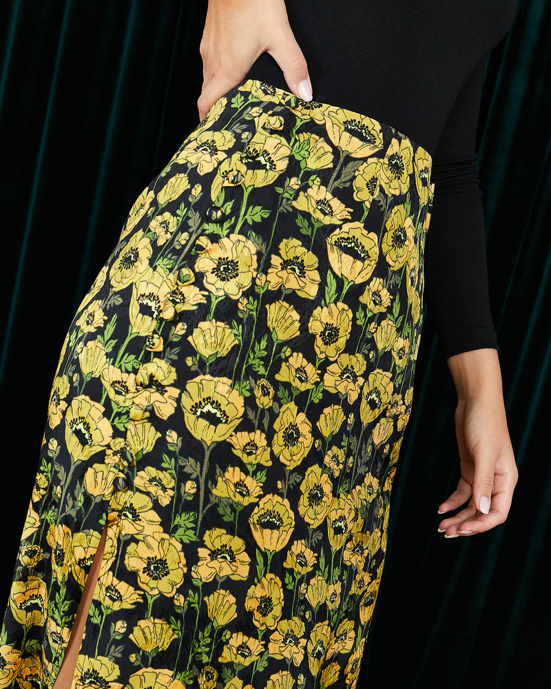 Button Side Midi Skirt in Yellow Poppy