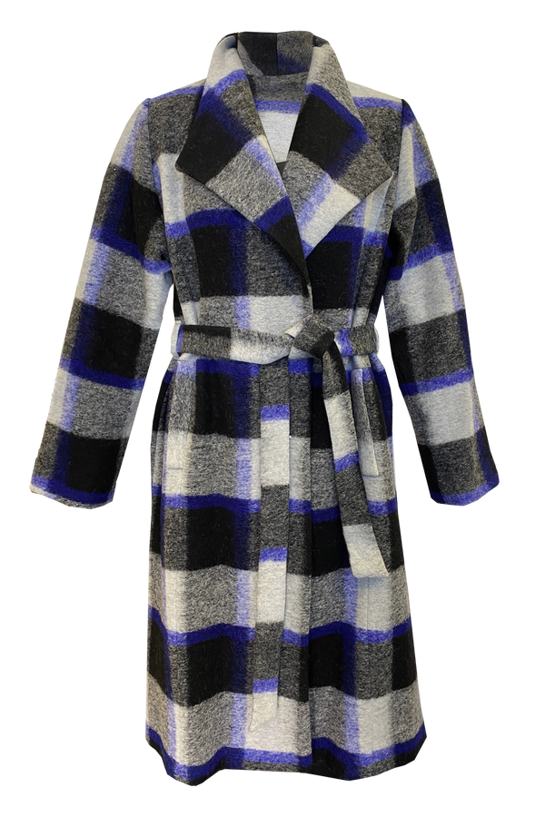 Belted Wool Longline Coat in Blue Black Check