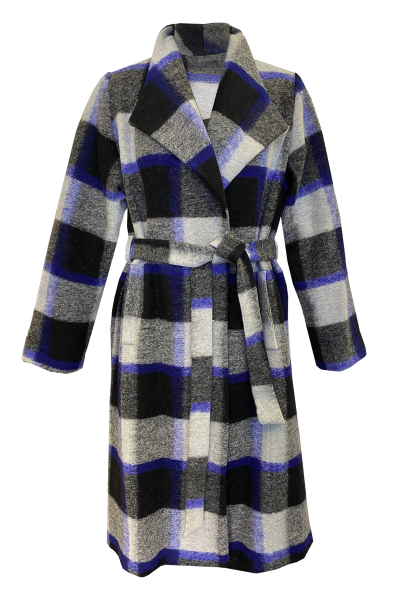 Belted Wool Longline Coat in Blue Black Check