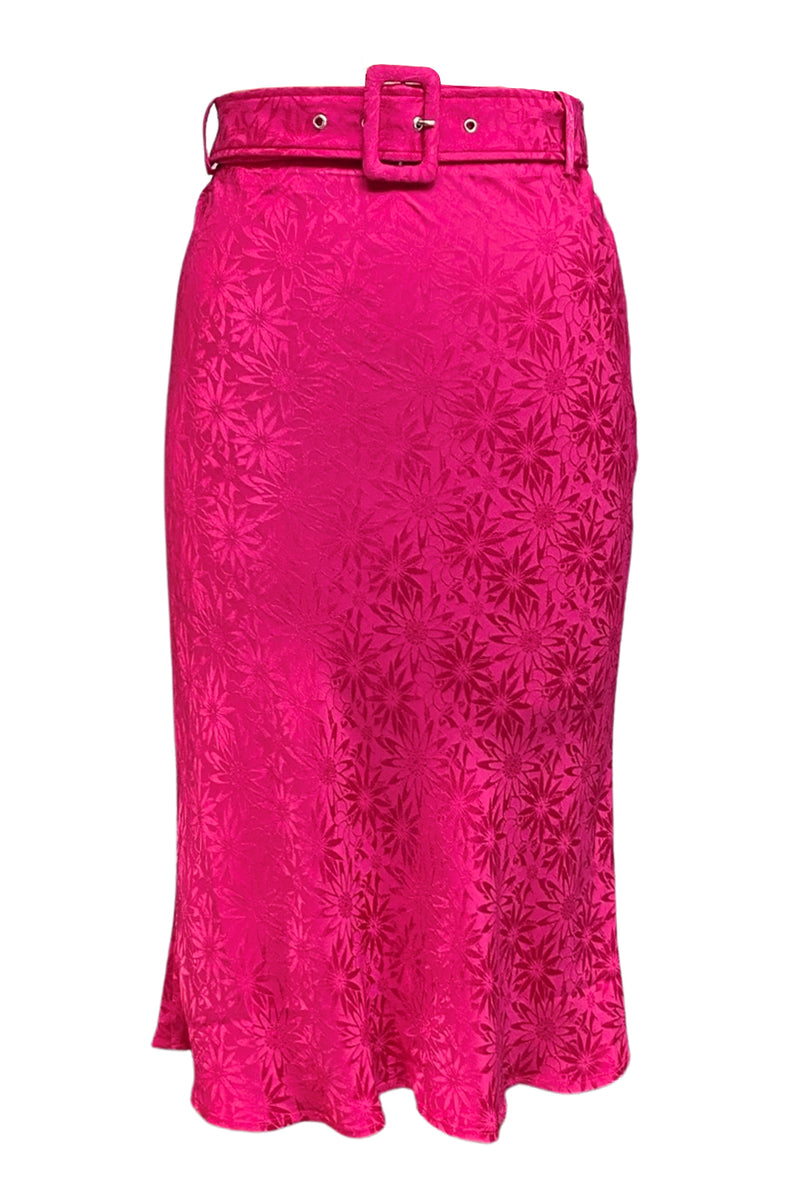 The Christina Belted Satin Midi Skirt in Pink Daisy